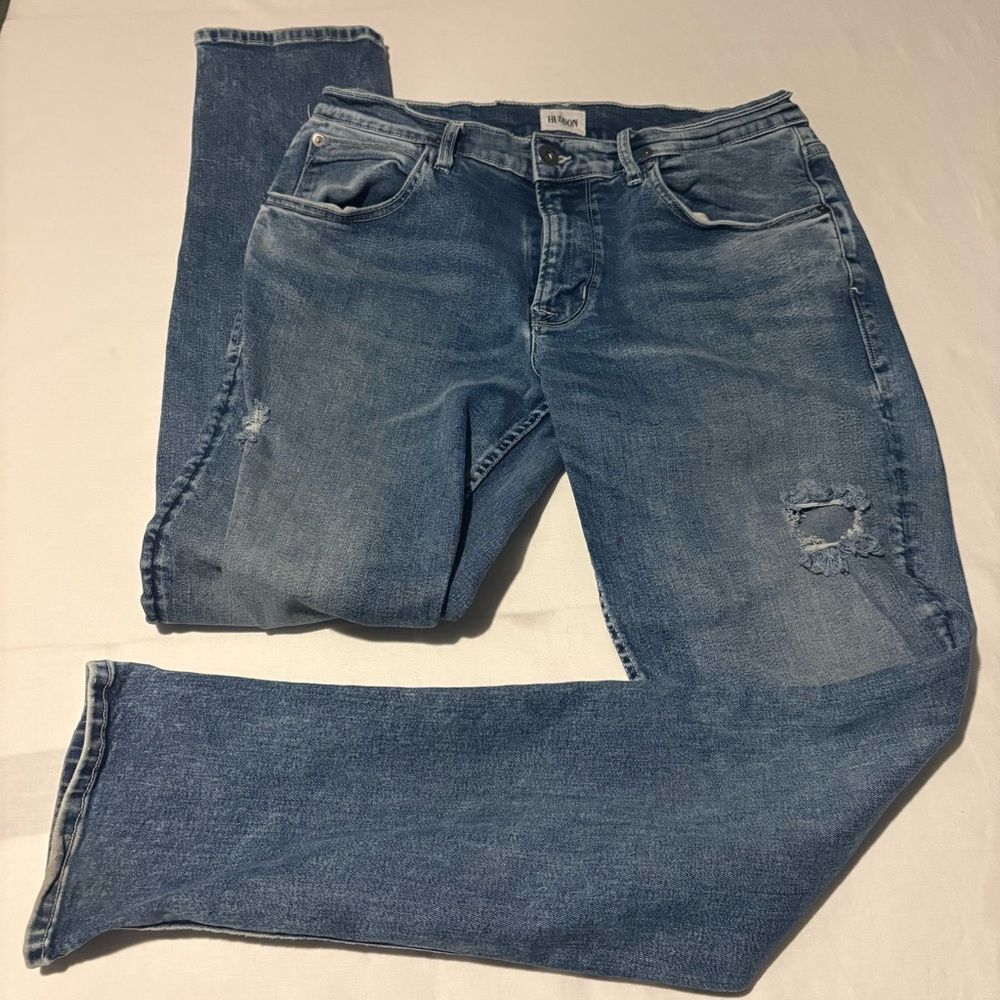 Hudson Blake Slim Straight Jeans Size 33 Blue Distressed Denim